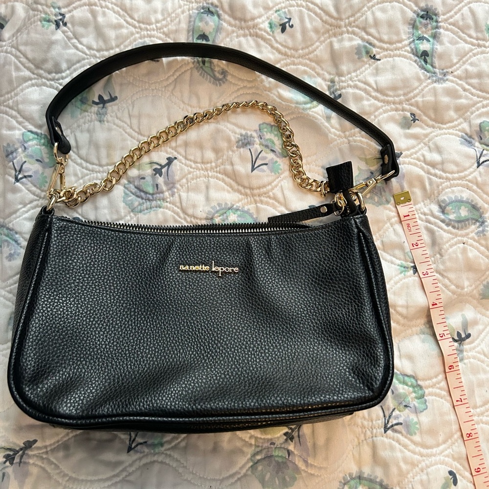 Nanette Lepore Black Textured Shoulder Bag with Gold Chain